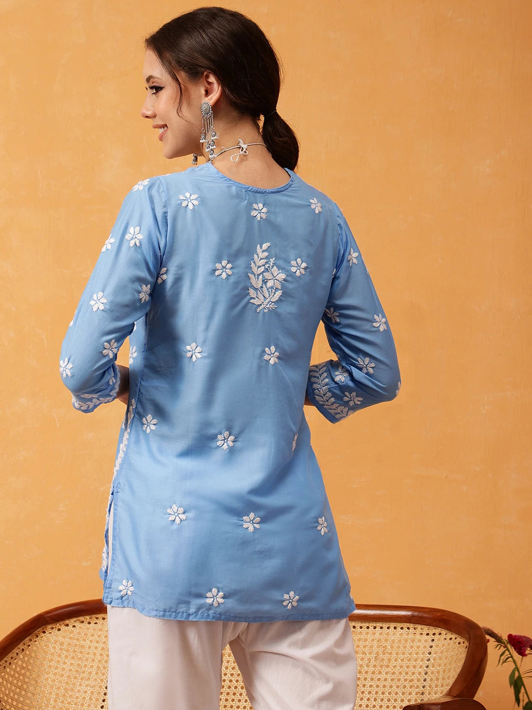 Ada Hand Embroidered Ink Blue Muslin Lucknowi Chikankari Short Kurti A911429