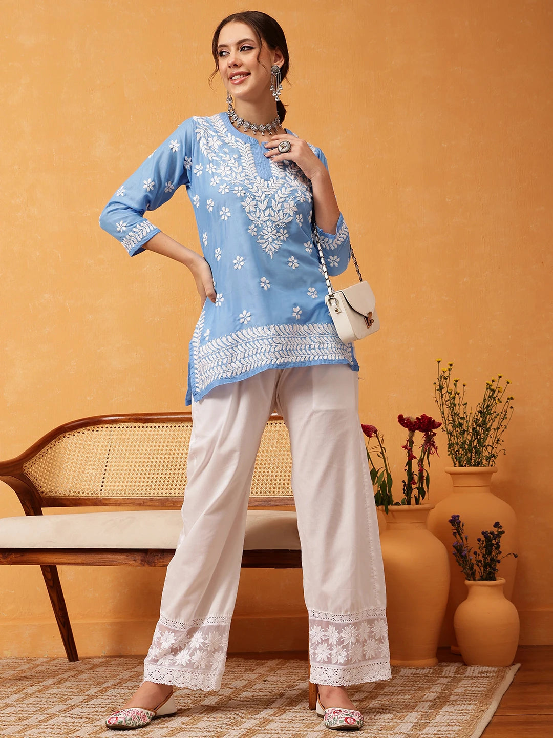 Ada Hand Embroidered Ink Blue Muslin Lucknowi Chikankari Short Kurti A911429