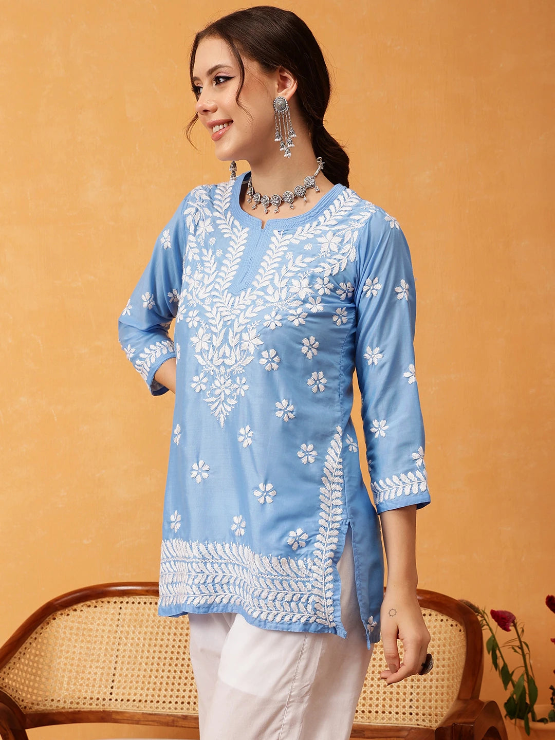 Ada Hand Embroidered Ink Blue Muslin Lucknowi Chikankari Short Kurti A911429
