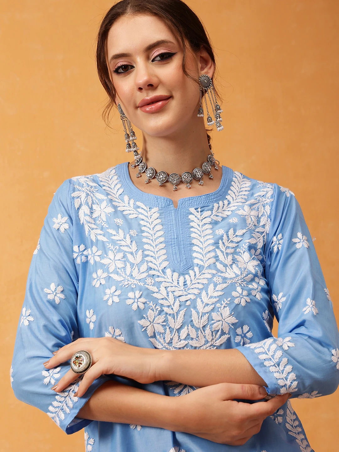 Ada Hand Embroidered Ink Blue Muslin Lucknowi Chikankari Short Kurti A911429