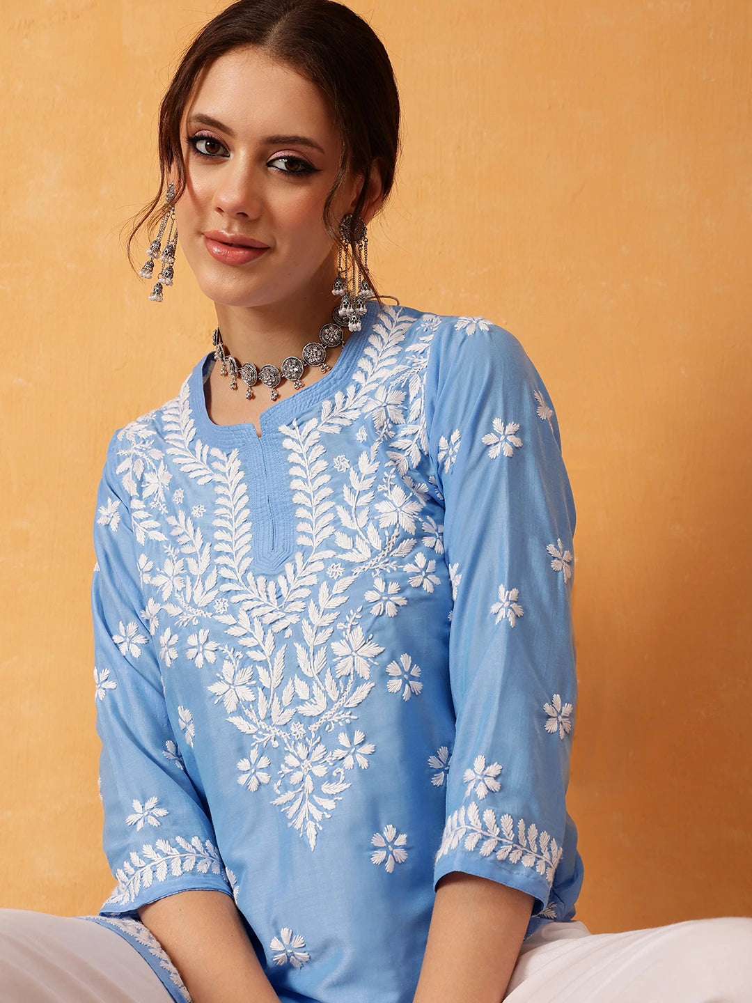 Ada Hand Embroidered Ink Blue Muslin Lucknowi Chikankari Short Kurti A911429