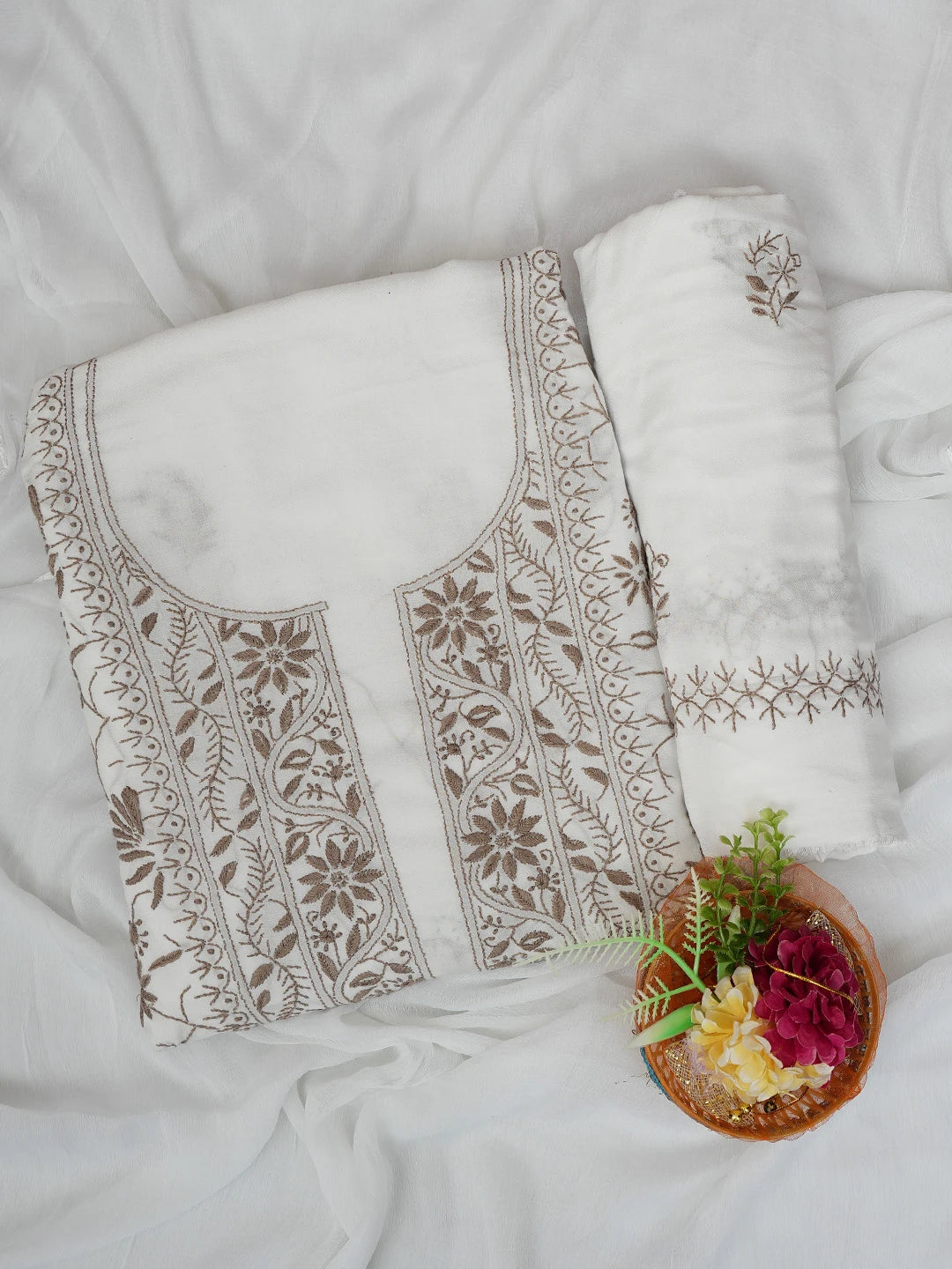 Ada Hand Embroidered White Modal Lucknowi Chikankari Unstitched Suit Piece 01A700565