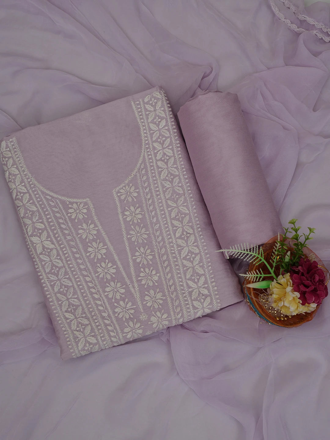 Ada Hand Embroidered Mauve Chanderi Lucknowi Chikankari Unstitched Suit Piece 01A700719