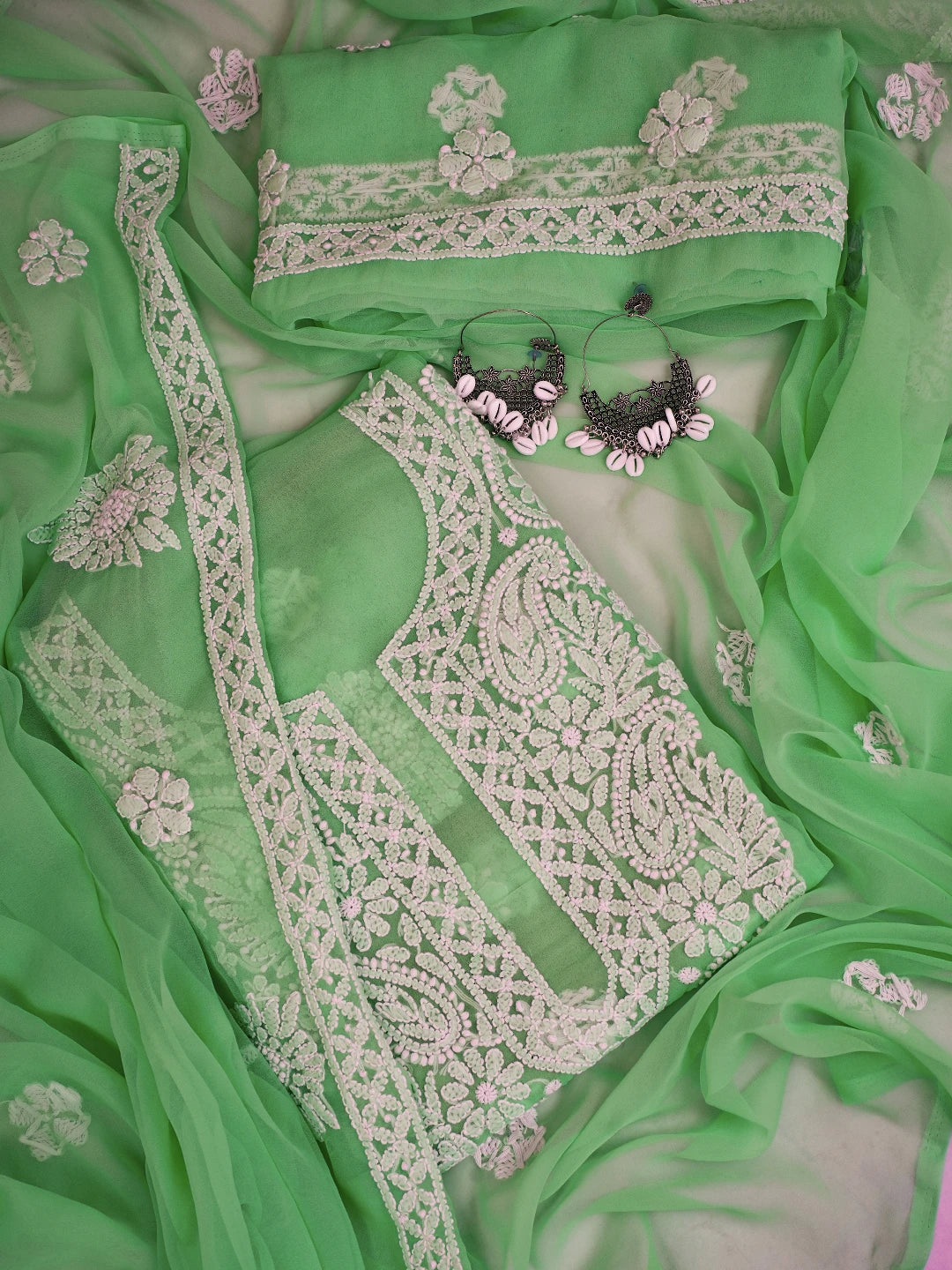 Ada Hand Embroidered Neon Green Georgette Lucknowi Chikankari Unstitched Suit Piece A211324
