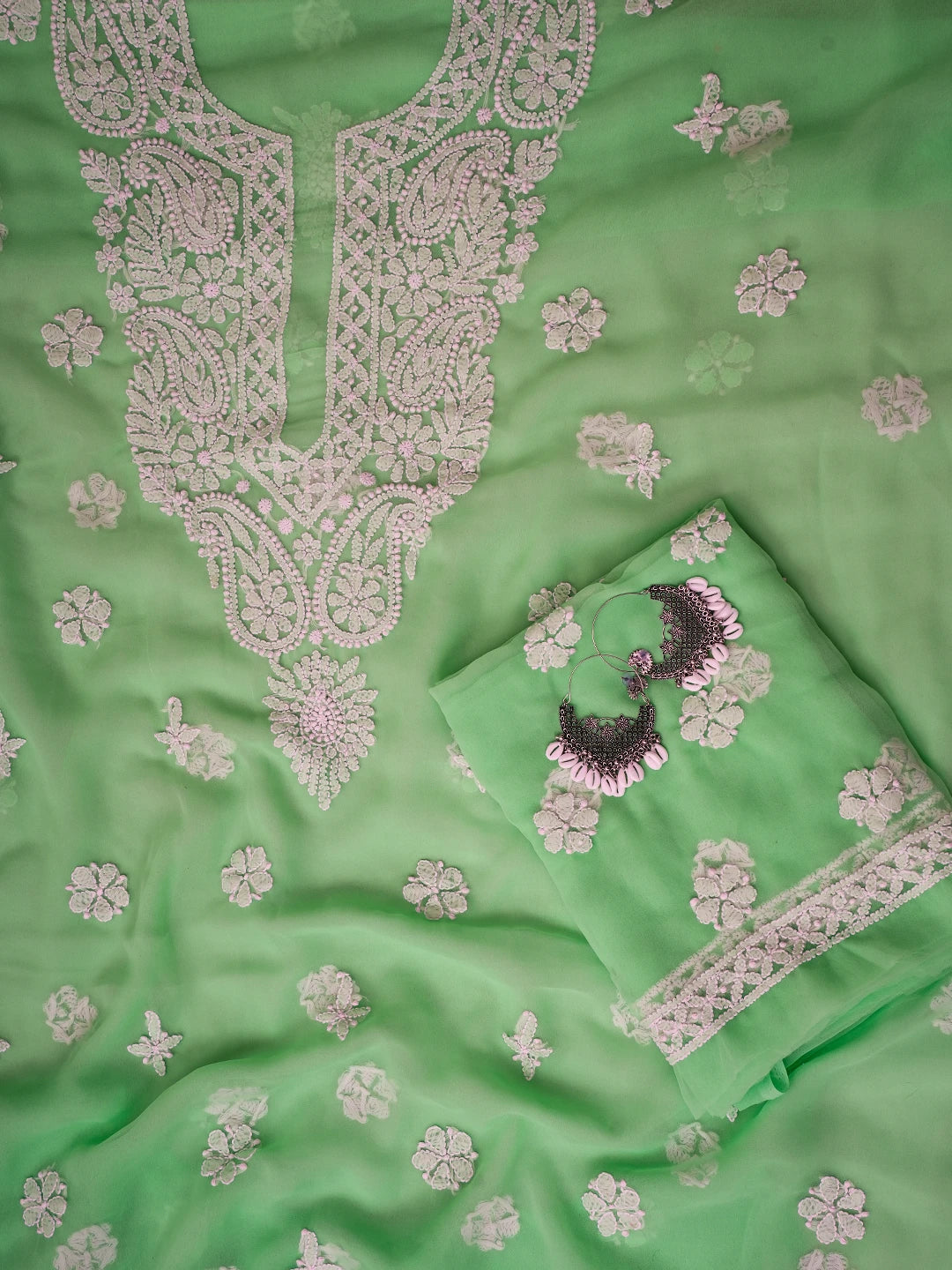 Ada Hand Embroidered Neon Green Georgette Lucknowi Chikankari Unstitched Suit Piece A211324