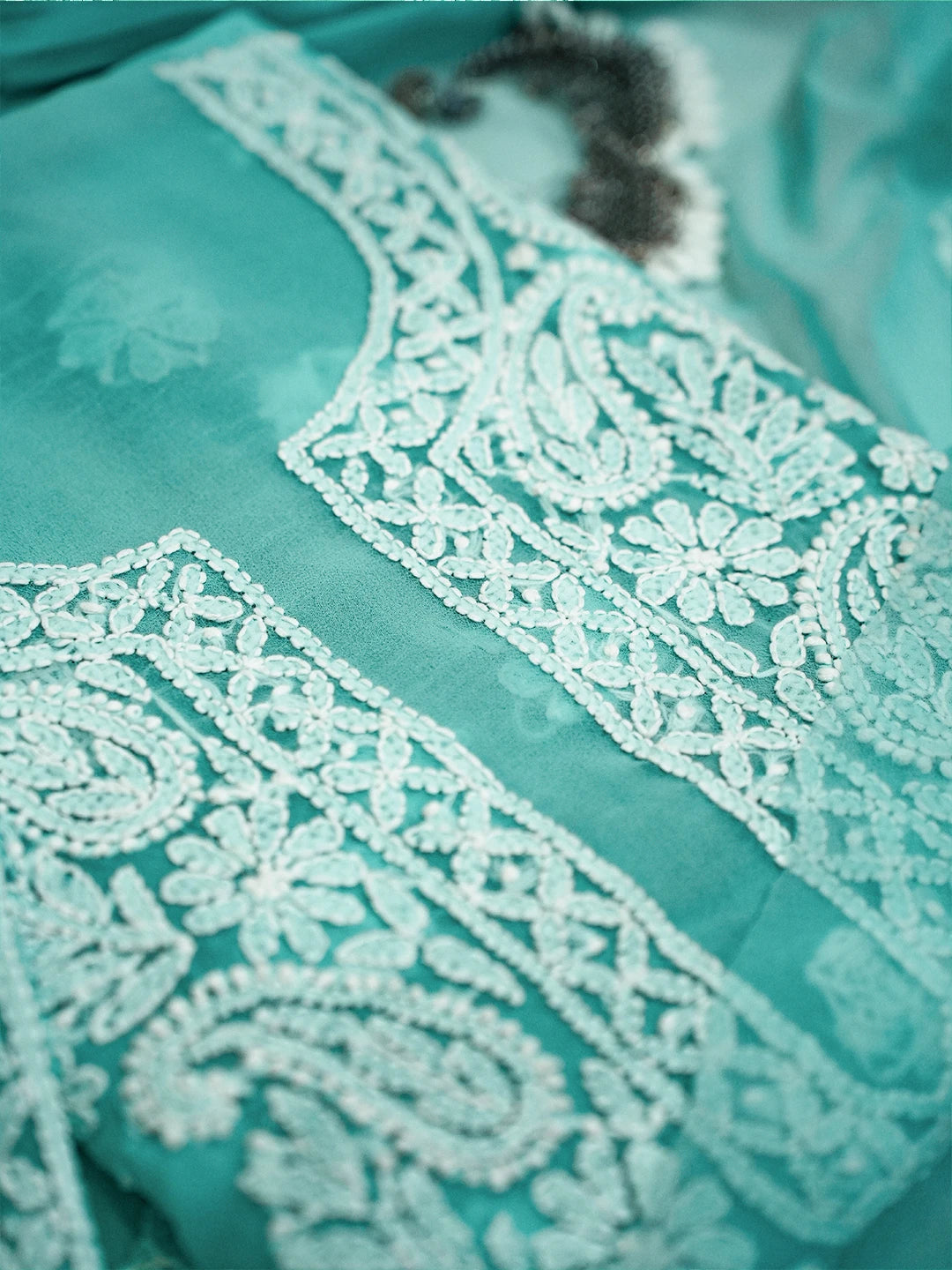 Ada Hand Embroidered Sea Green Georgette Lucknowi Chikankari Unstitched Suit Piece A211326