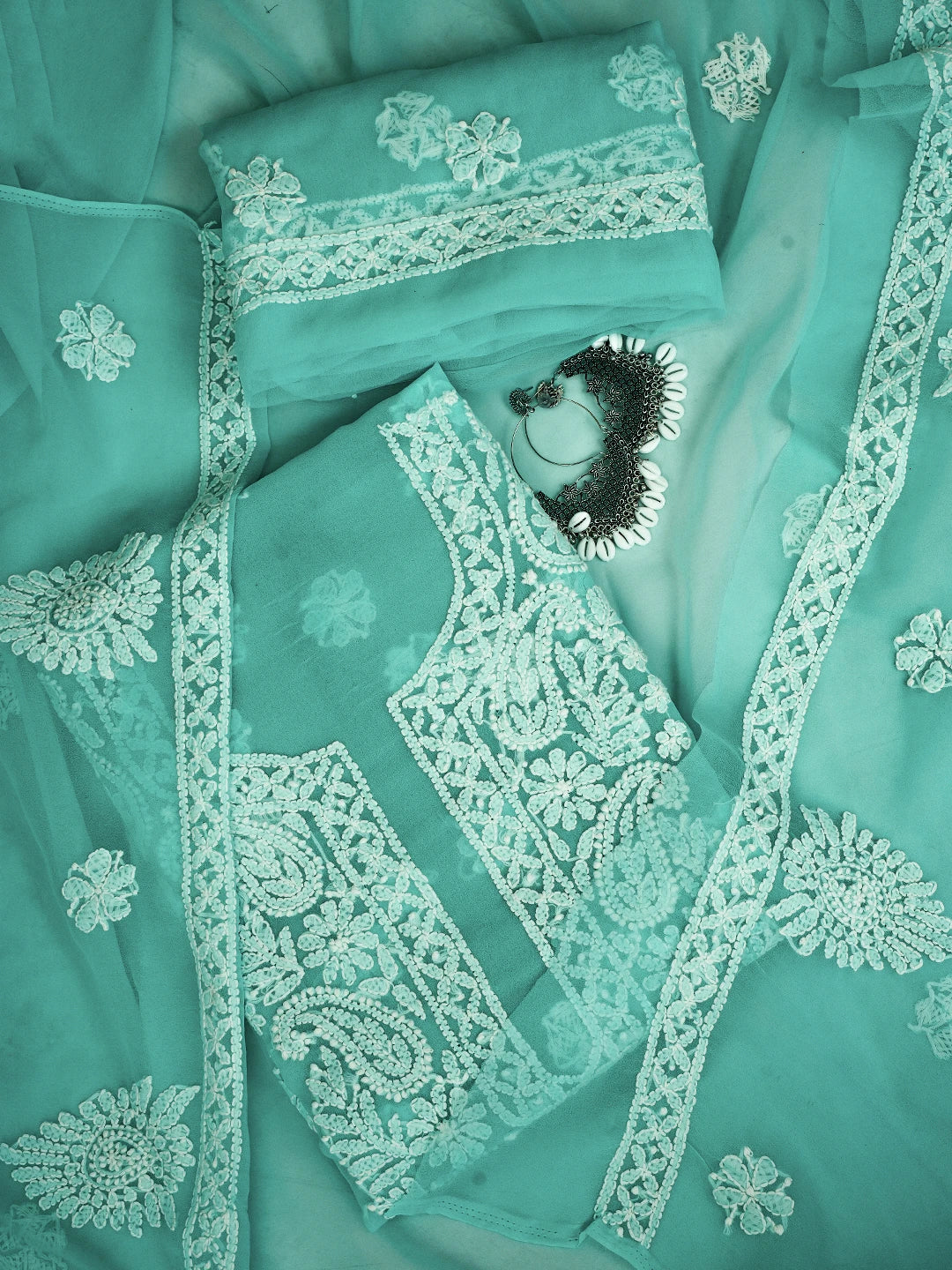 Ada Hand Embroidered Sea Green Georgette Lucknowi Chikankari Unstitched Suit Piece A211326