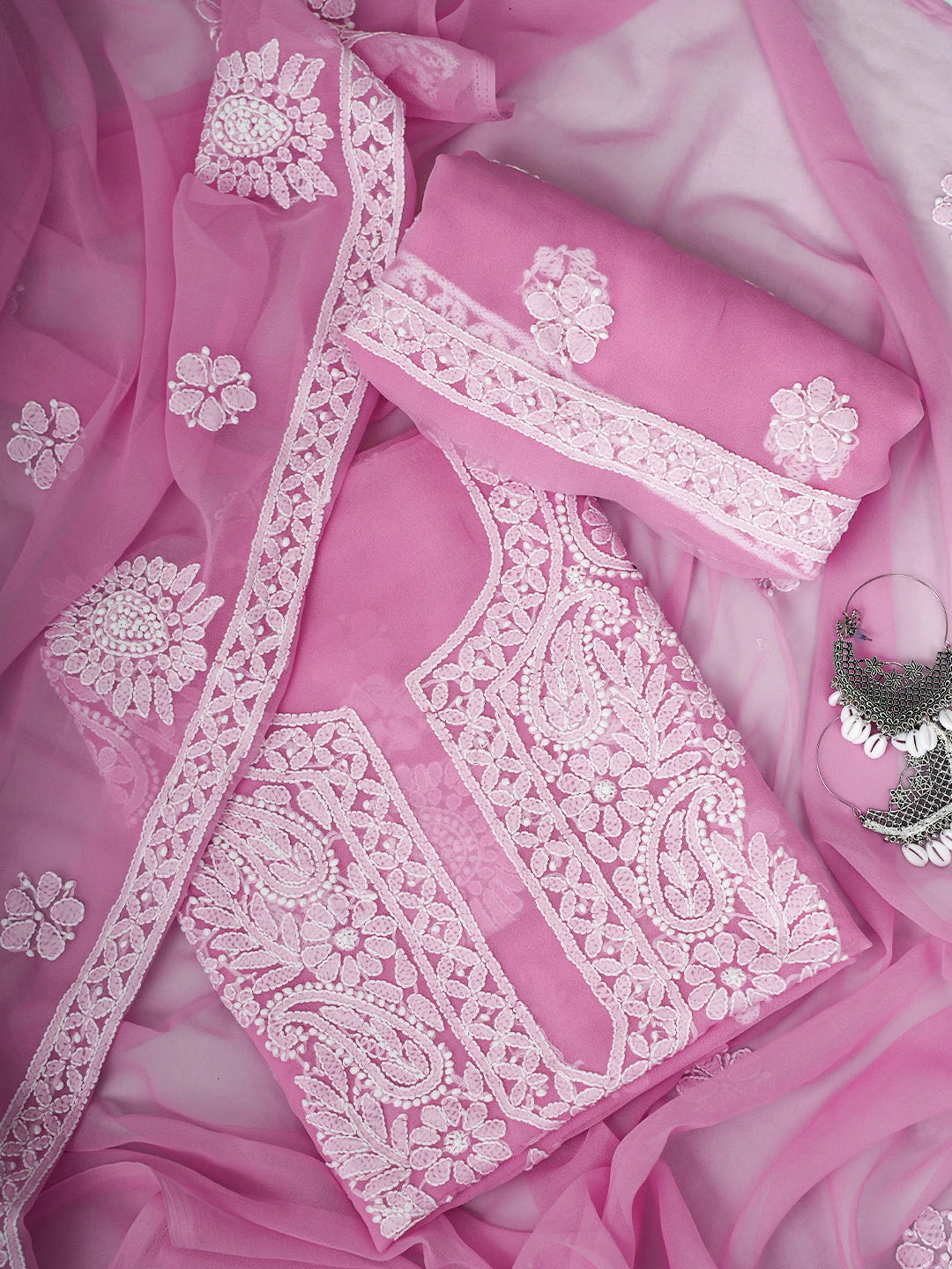 Ada Hand Embroidered Pink Georgette Lucknowi Chikankari Unstitched Suit Piece A211327