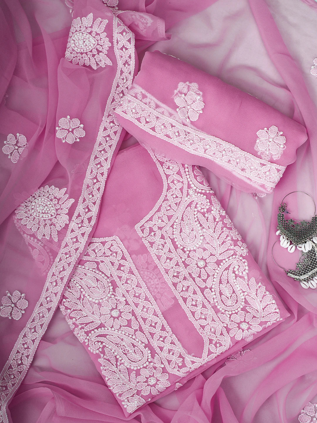 Ada Hand Embroidered Pink Georgette Lucknowi Chikankari Unstitched Suit Piece A211327