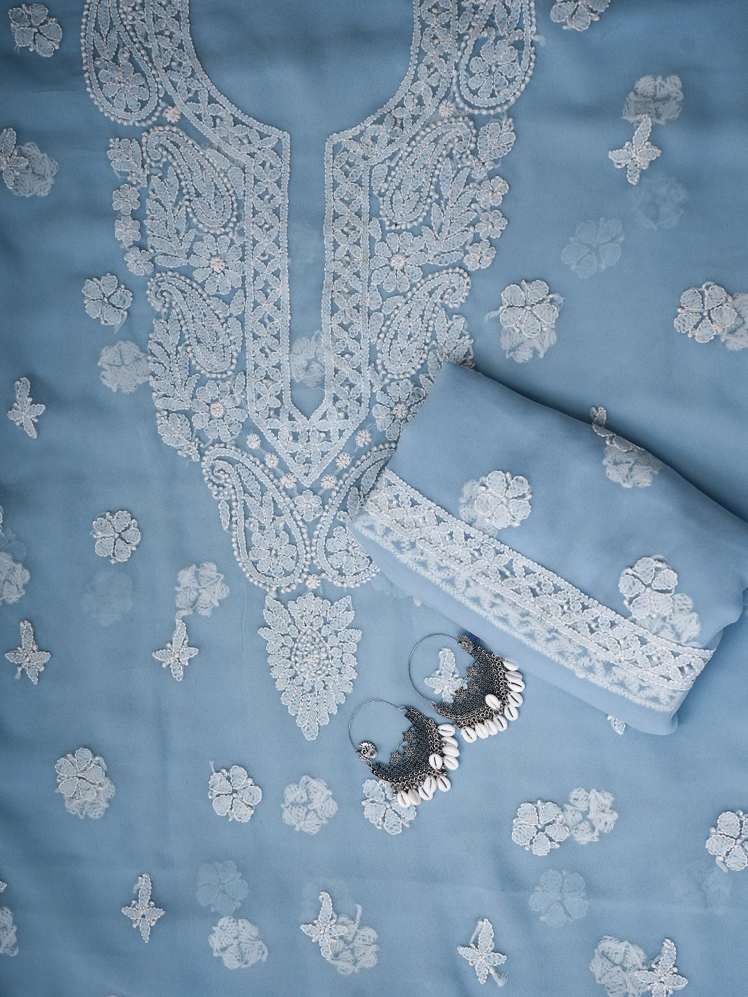 Ada Hand Embroidered Powder Blue Georgette Lucknowi Chikankari Unstitched Suit Piece A211328