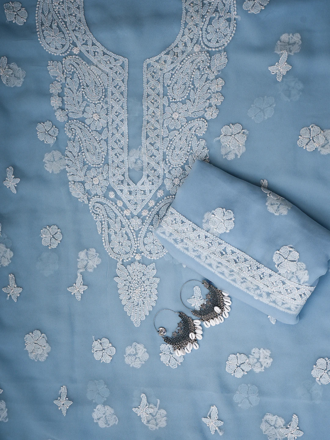 Ada Hand Embroidered Powder Blue Georgette Lucknowi Chikankari Unstitched Suit Piece A211328