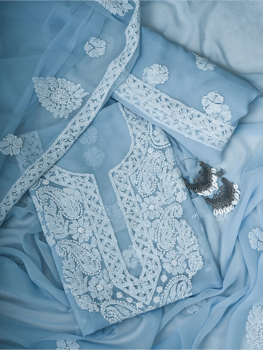Ada Hand Embroidered Powder Blue Georgette Lucknowi Chikankari Unstitched Suit Piece A211328