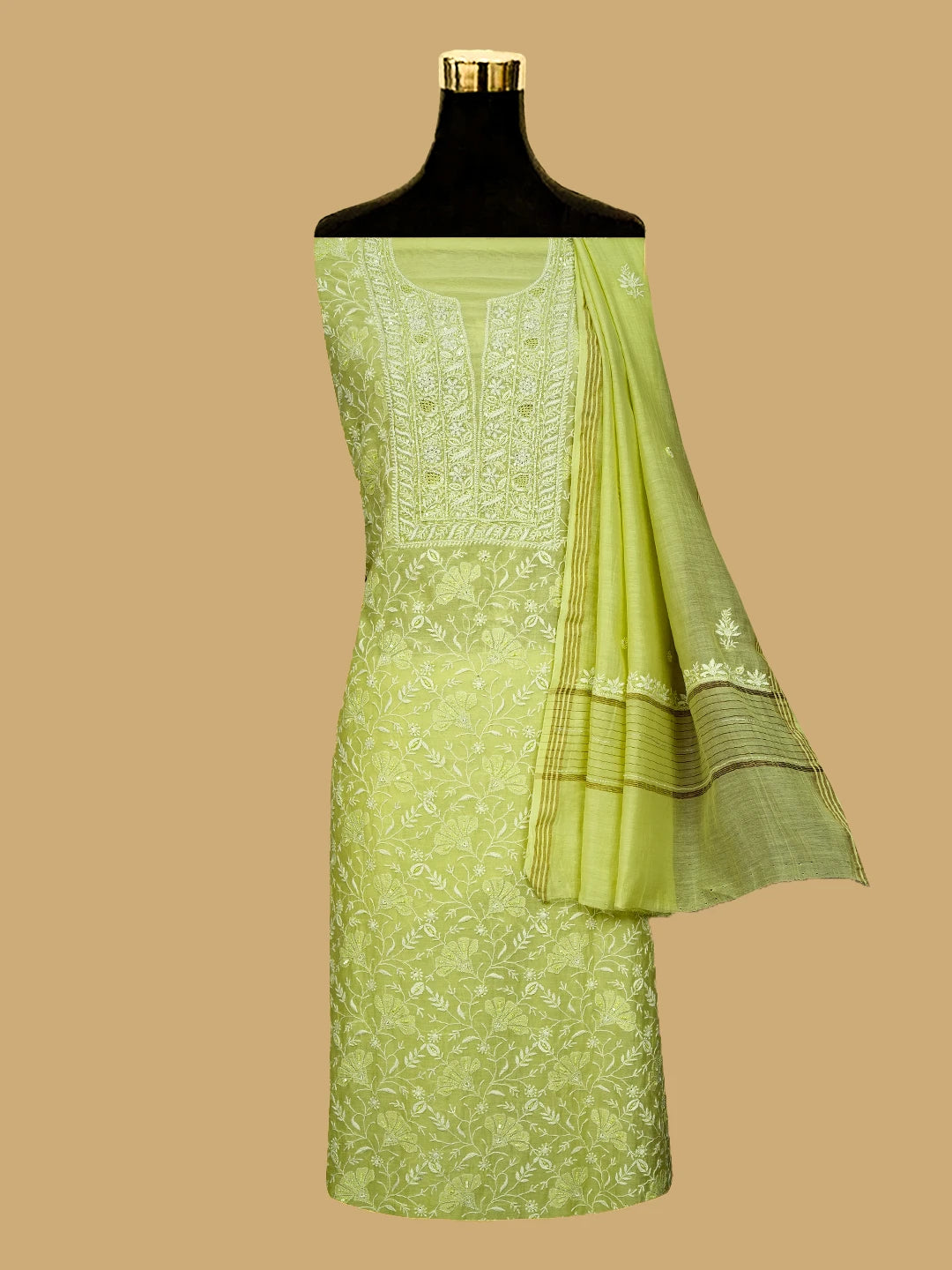 Ada Hand Embroidered Lime Green Chanderi Lucknowi Chikankari Unstitched Kurta Dupatta Set With Cutdana Work 01A618453