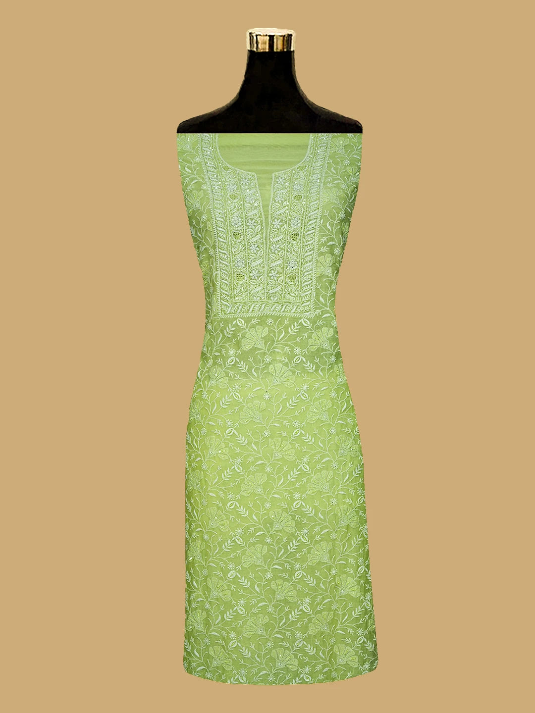 Ada Hand Embroidered Lime Green Chanderi Lucknowi Chikankari Unstitched Kurta Dupatta Set With Cutdana Work 01A618453