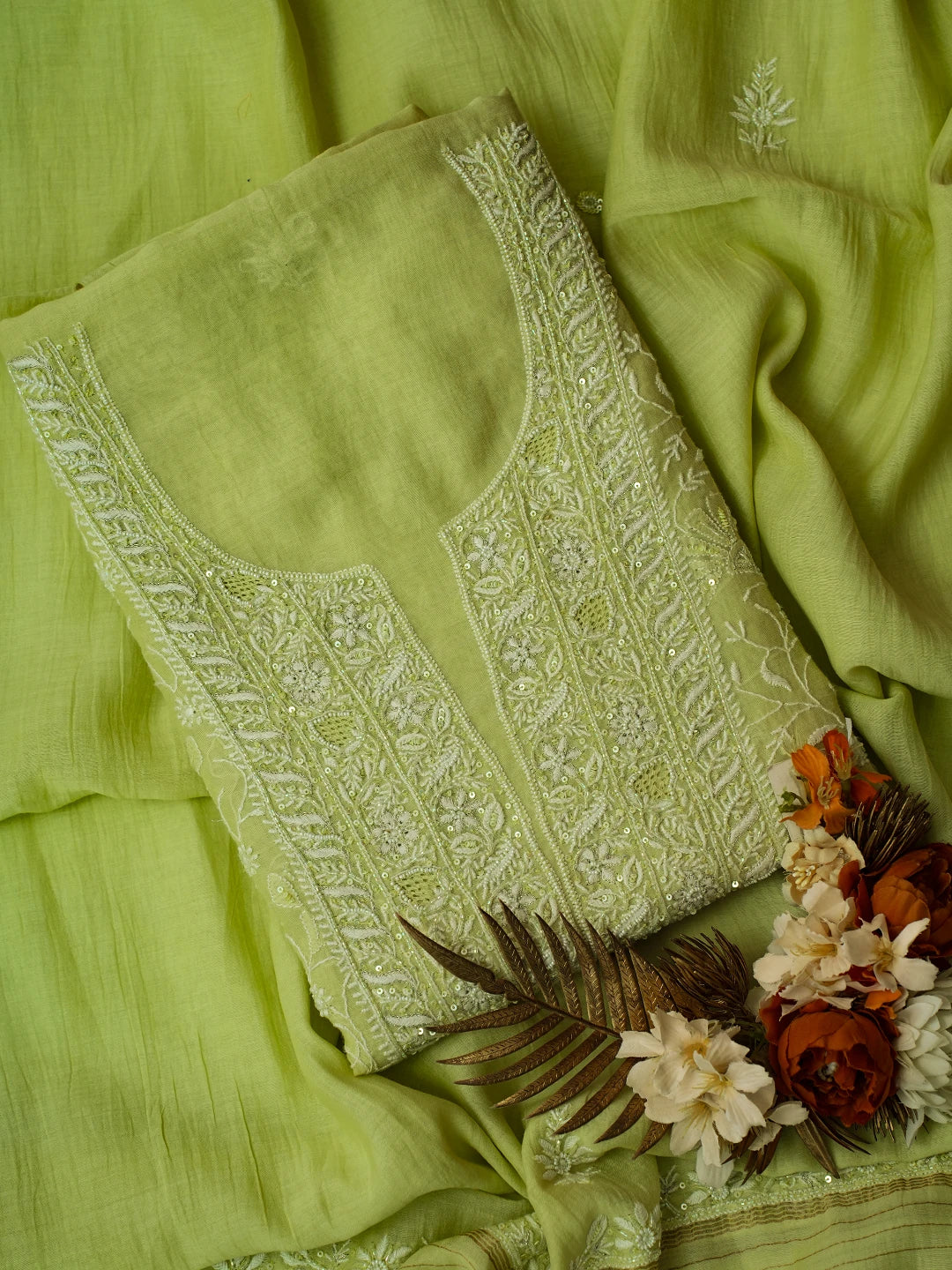 Ada Hand Embroidered Lime Green Chanderi Lucknowi Chikankari Unstitched Kurta Dupatta Set With Cutdana Work 01A618453