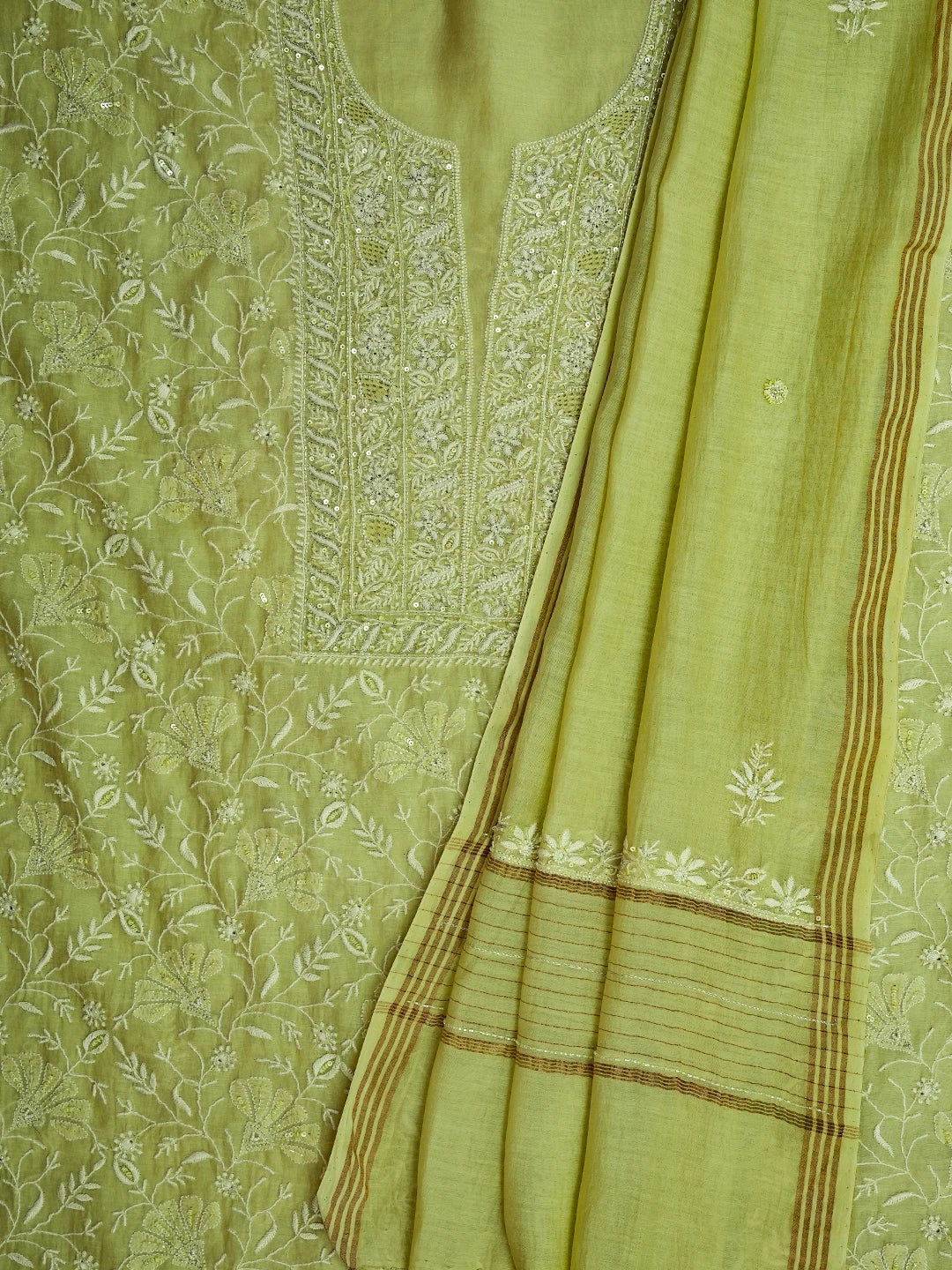 Ada Hand Embroidered Lime Green Chanderi Lucknowi Chikankari Unstitched Kurta Dupatta Set With Cutdana Work 01A618453