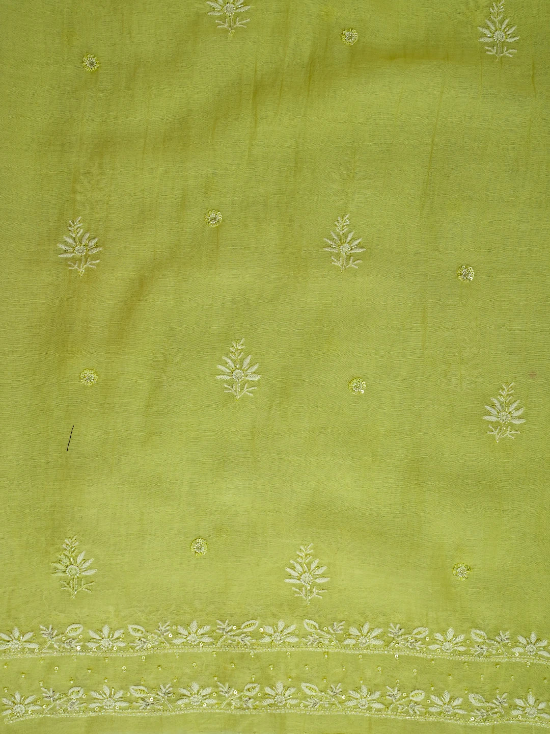 Ada Hand Embroidered Lime Green Chanderi Lucknowi Chikankari Unstitched Kurta Dupatta Set With Cutdana Work 01A618453