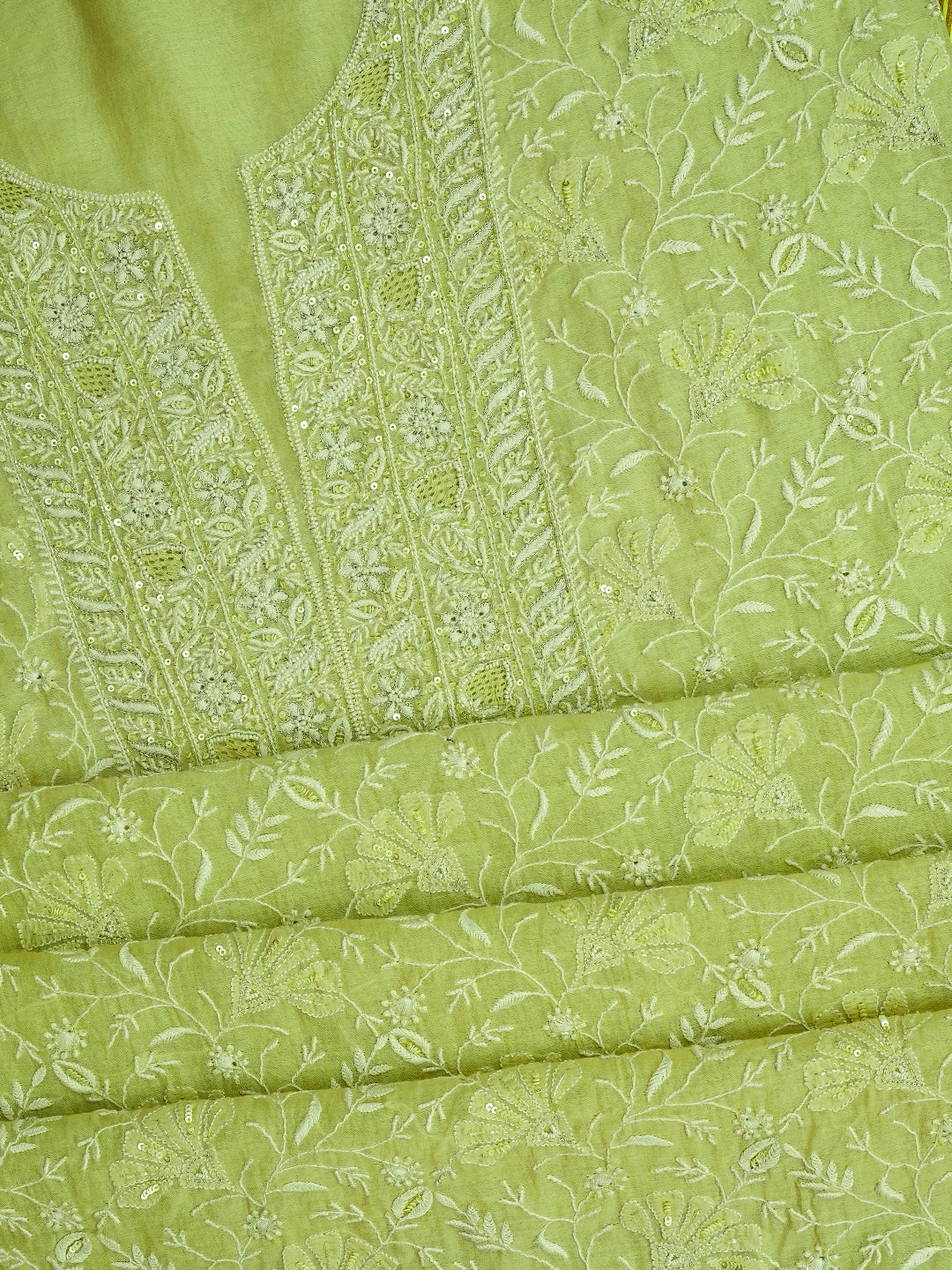 Ada Hand Embroidered Lime Green Chanderi Lucknowi Chikankari Unstitched Kurta Dupatta Set With Cutdana Work 01A618453