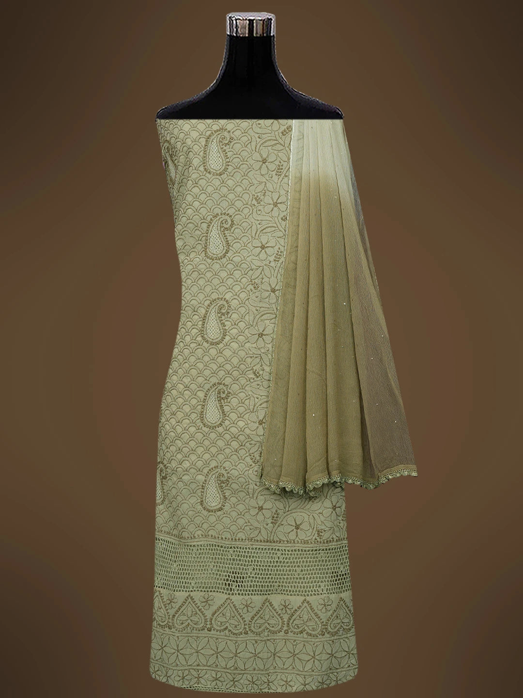 Ada Hand Embroidered Fawn Cotton Lucknowi Chikankari Unstitched Suit Piece With Muqaish Work  01A692459