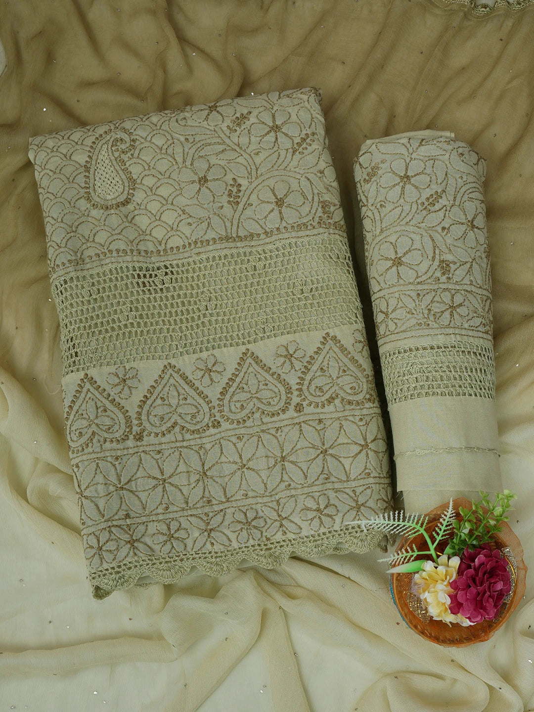 Ada Hand Embroidered Fawn Cotton Lucknowi Chikankari Unstitched Suit Piece With Muqaish Work  01A692459