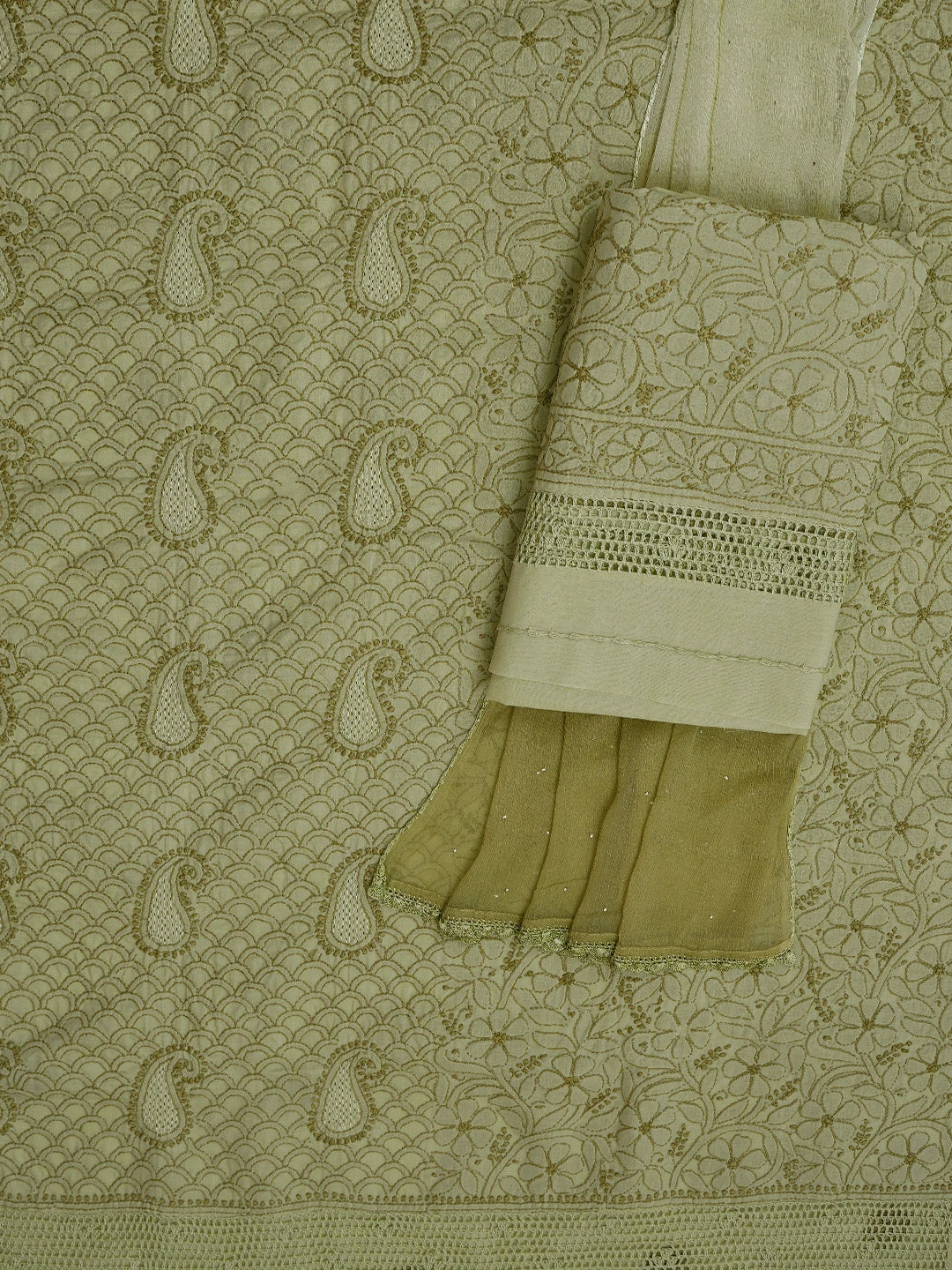 Ada Hand Embroidered Fawn Cotton Lucknowi Chikankari Unstitched Suit Piece With Muqaish Work  01A692459