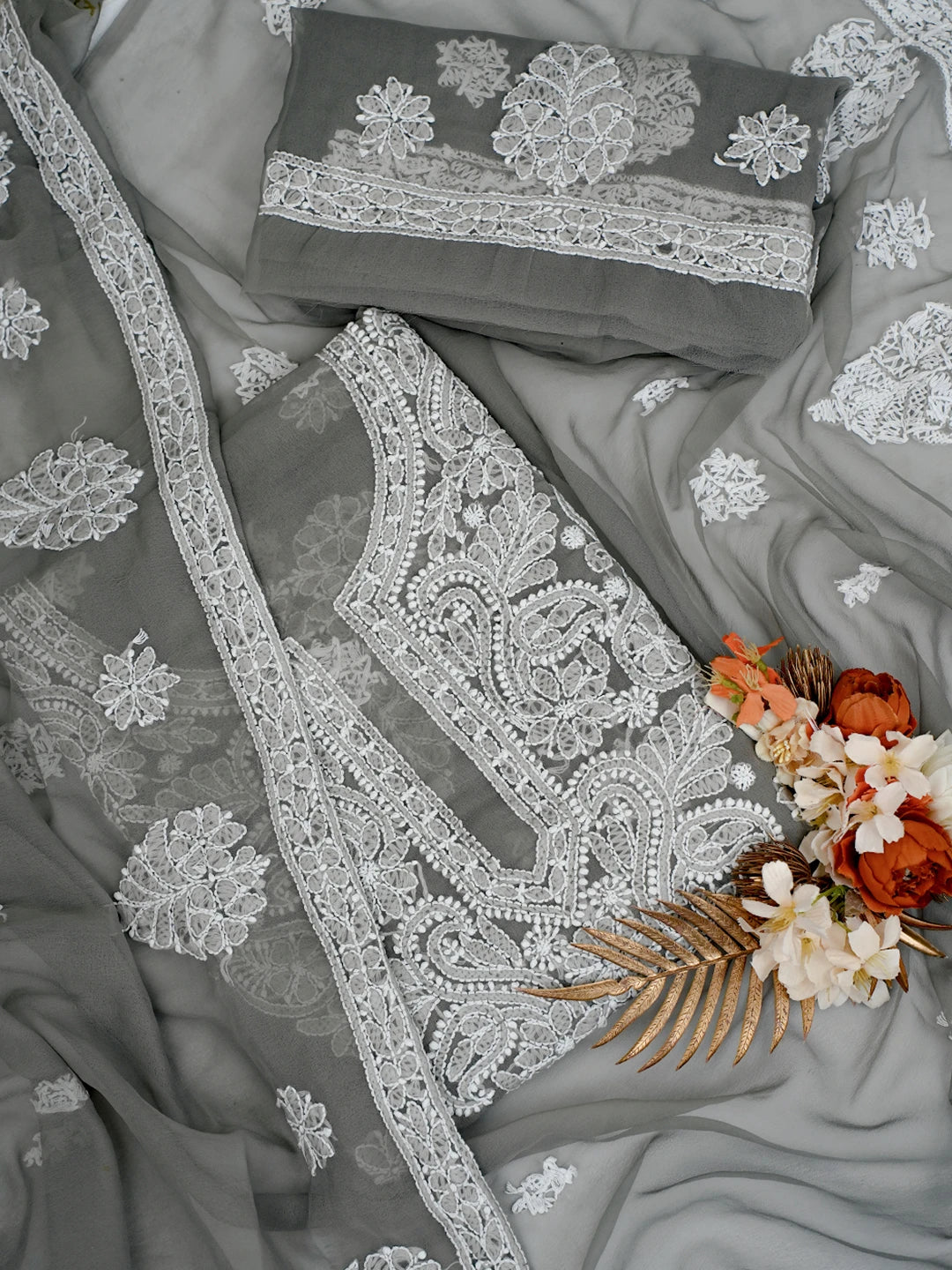 Ada Hand Embroidered Grey Georgette Lucknowi Chikankari Unstitched Suit Piece A211353