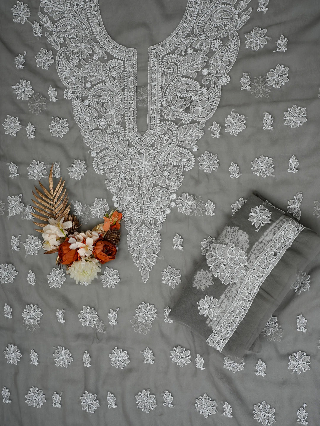Ada Hand Embroidered Grey Georgette Lucknowi Chikankari Unstitched Suit Piece A211353