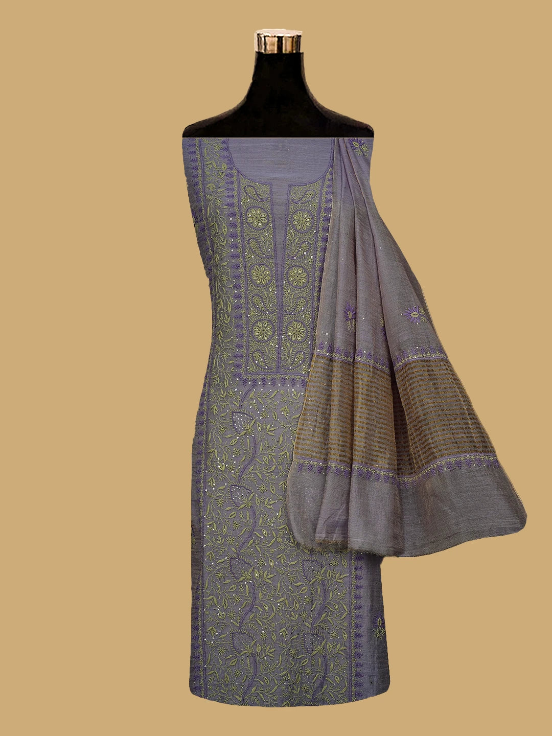 Ada Hand Embroidered Mauve Tissue Lucknowi Chikankari Unstitched Kurta Dupatta Set With Mukaish Work 01A628940