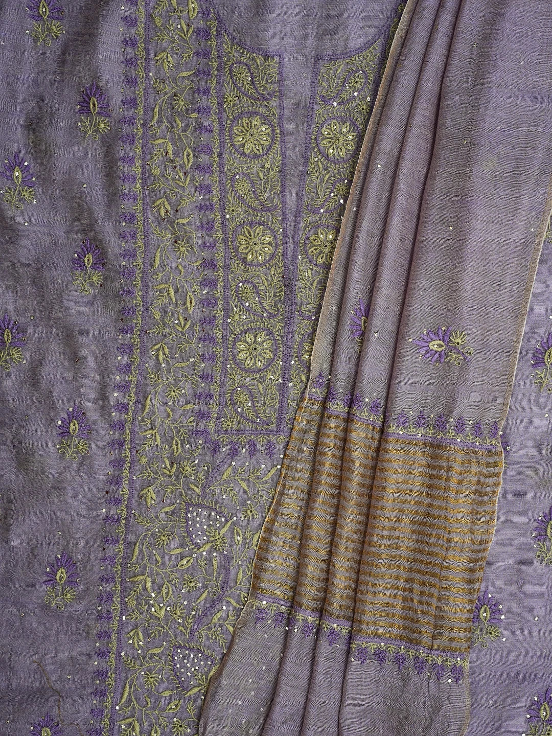 Ada Hand Embroidered Mauve Tissue Lucknowi Chikankari Unstitched Kurta Dupatta Set With Mukaish Work 01A628940