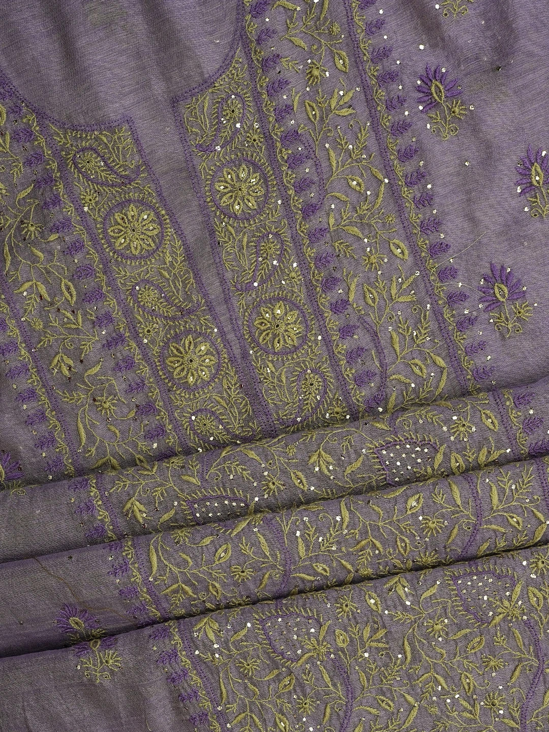 Ada Hand Embroidered Mauve Tissue Lucknowi Chikankari Unstitched Kurta Dupatta Set With Mukaish Work 01A628940