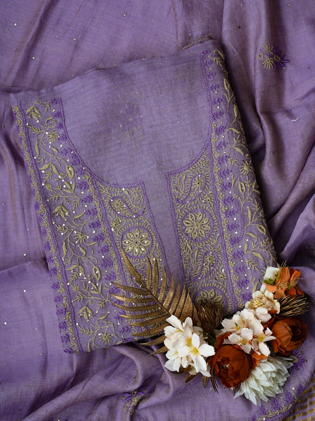 Ada Hand Embroidered Mauve Tissue Lucknowi Chikankari Unstitched Kurta Dupatta Set With Mukaish Work 01A628940