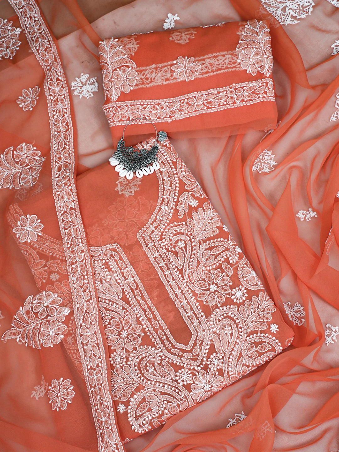 Ada Hand Embroidered Orange Georgette Lucknowi Chikankari Unstitched Suit Piece A211355