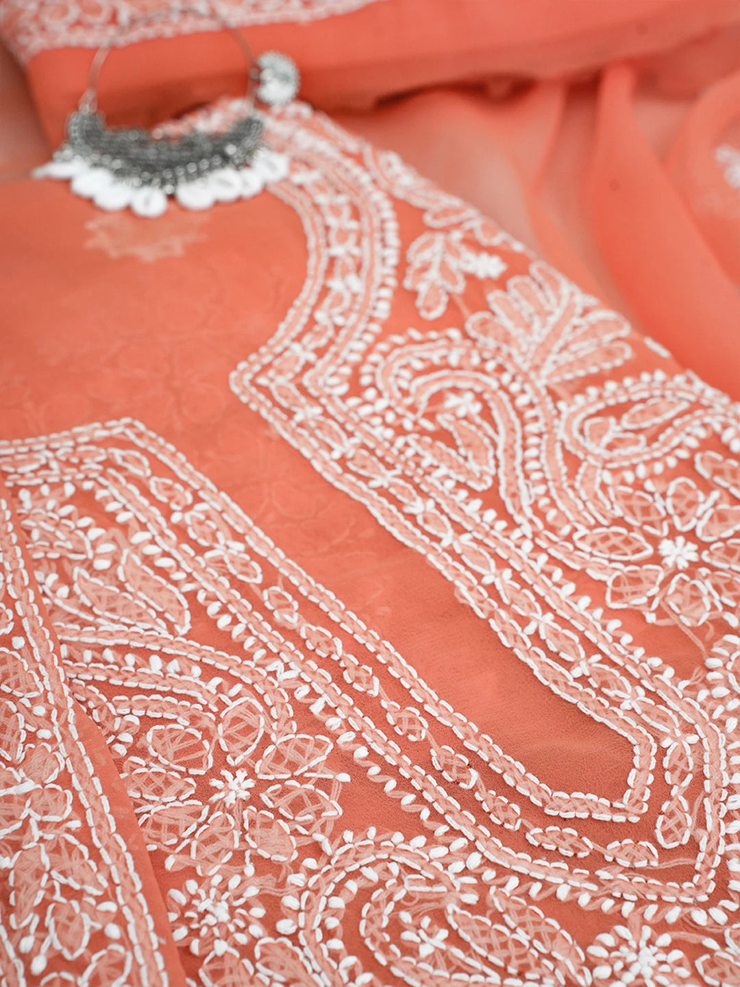 Ada Hand Embroidered Orange Georgette Lucknowi Chikankari Unstitched Suit Piece A211355
