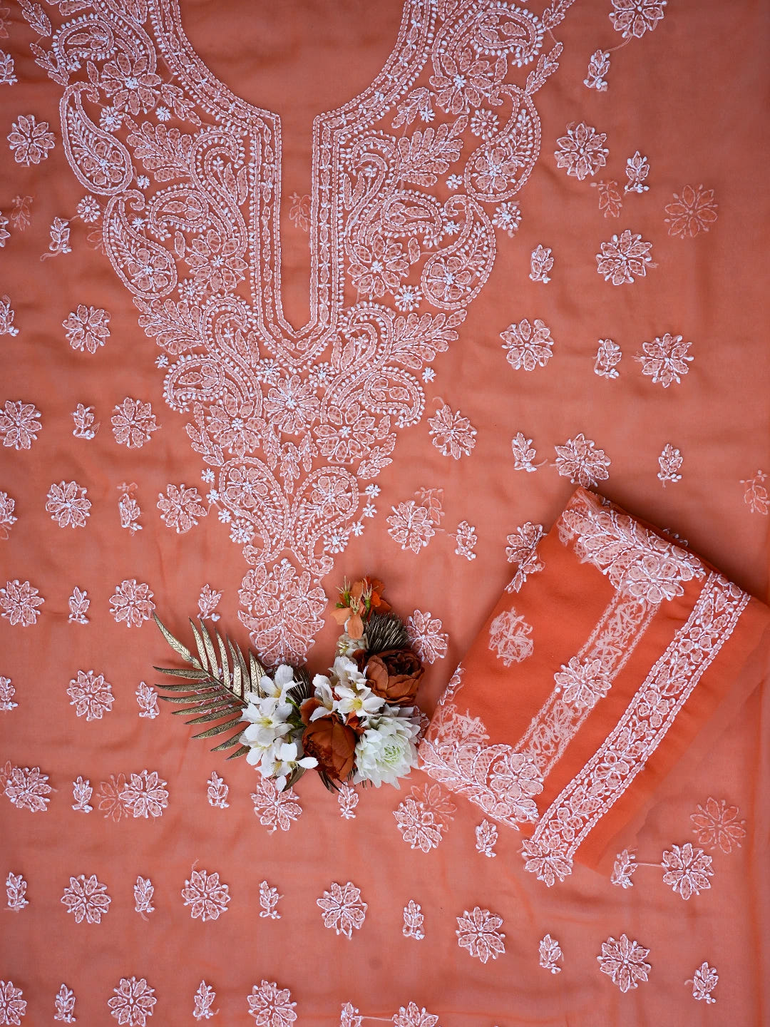 Ada Hand Embroidered Orange Georgette Lucknowi Chikankari Unstitched Suit Piece A211355