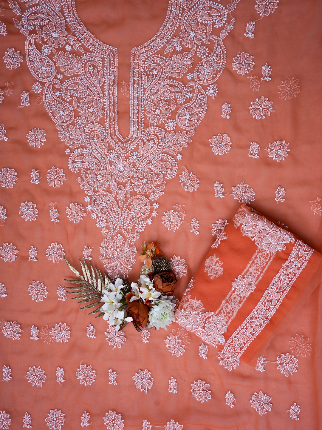 Ada Hand Embroidered Orange Georgette Lucknowi Chikankari Unstitched Suit Piece A211355