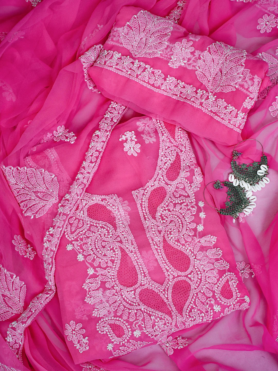 Ada Hand Embroidered Pink Georgette Lucknowi Chikankari Unstitched Suit Piece A211358