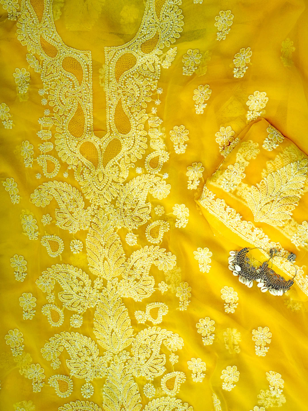 Ada Hand Embroidered Yellow Georgette Lucknowi Chikankari Unstitched Suit Piece A211359