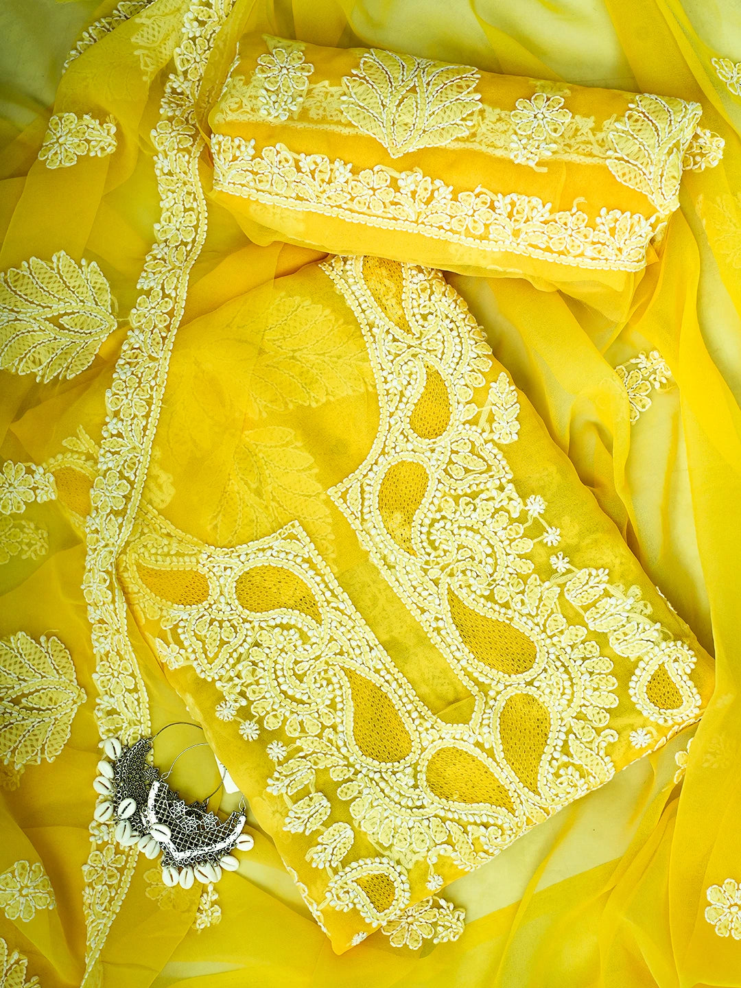 Ada Hand Embroidered Yellow Georgette Lucknowi Chikankari Unstitched Suit Piece A211359