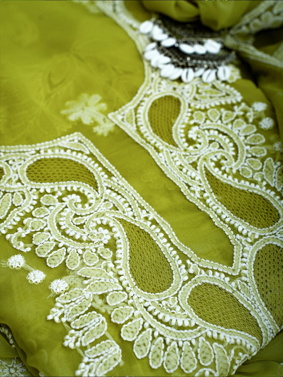 Ada Hand Embroidered Mehandi Green Georgette Lucknowi Chikankari Unstitched Suit Piece A211361