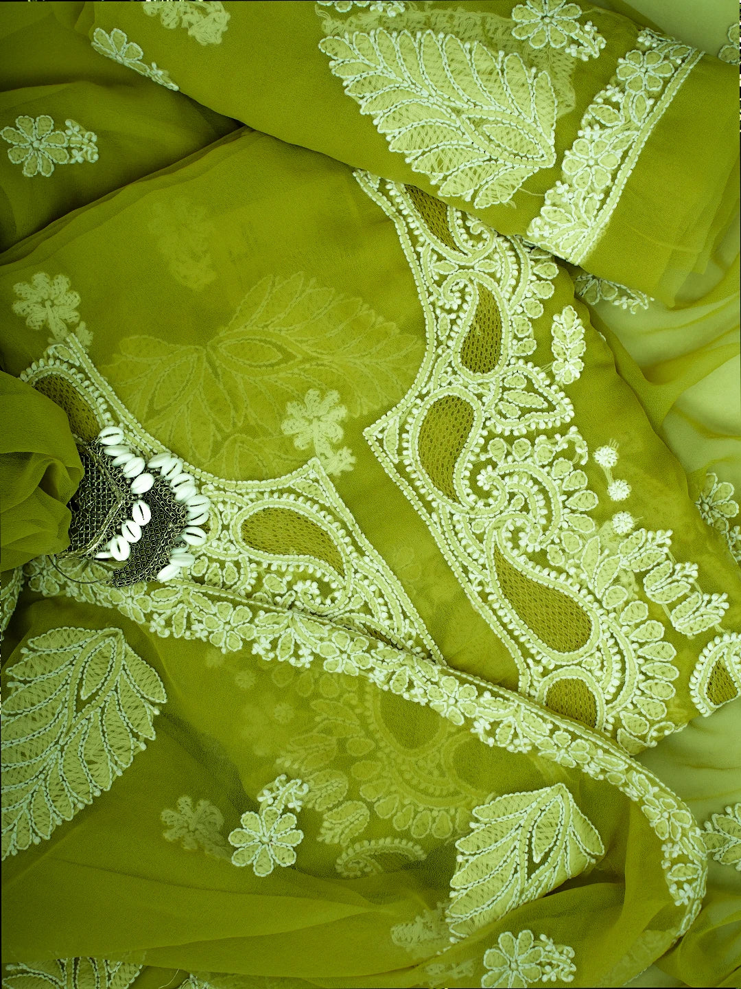 Ada Hand Embroidered Mehandi Green Georgette Lucknowi Chikankari Unstitched Suit Piece A211361