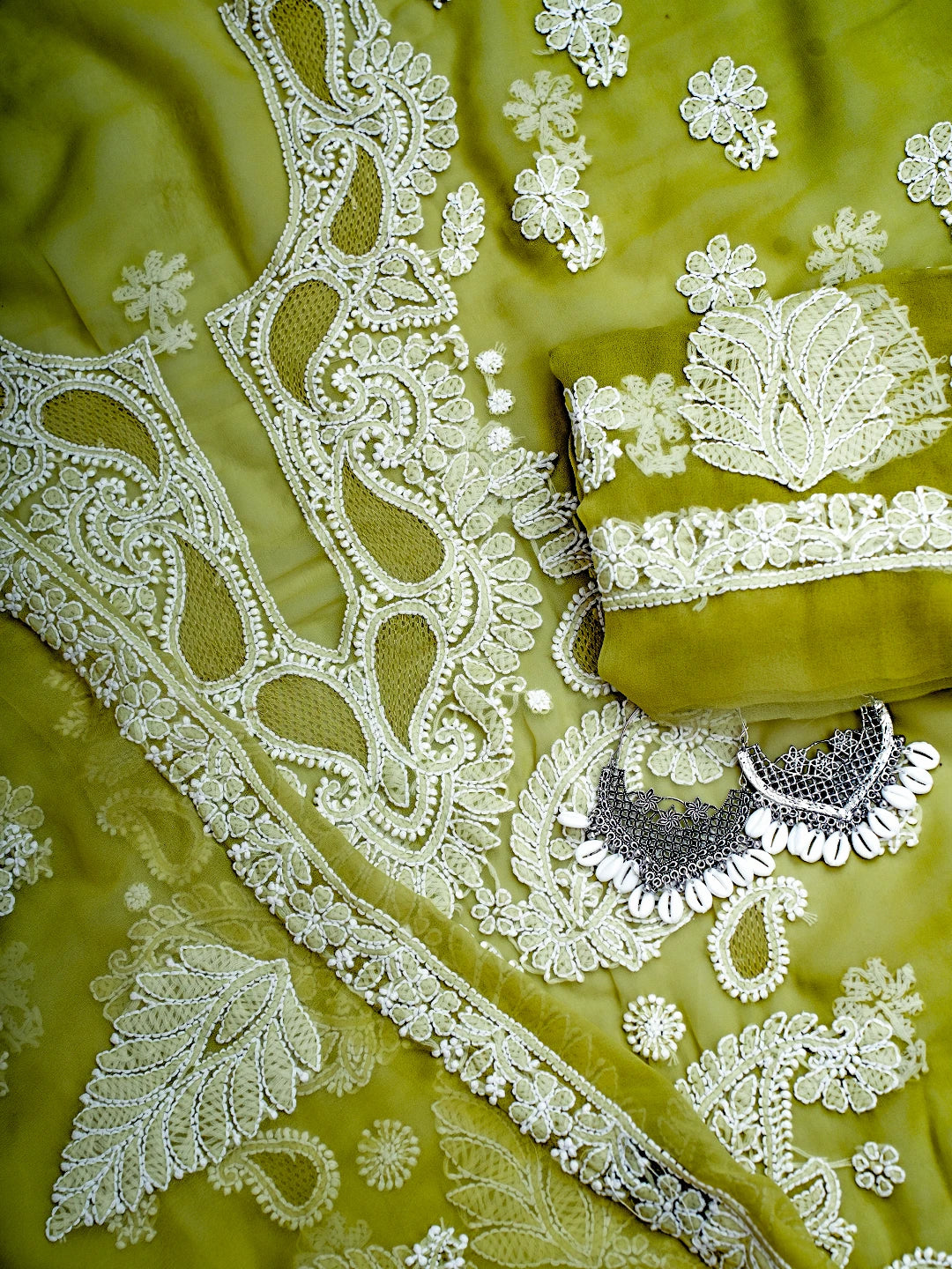 Ada Hand Embroidered Mehandi Green Georgette Lucknowi Chikankari Unstitched Suit Piece A211361