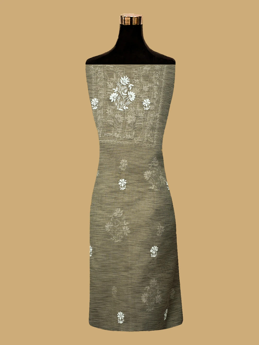 Ada Hand Embroidered Taupe Brown Tissue Lucknowi Chikankari Unstitched Kurta Dupatta Set 01A713424