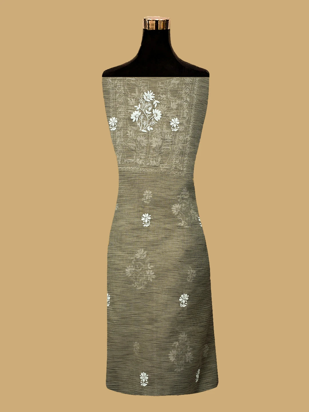 Ada Hand Embroidered Taupe Brown Tissue Lucknowi Chikankari Unstitched Kurta Dupatta Set 01A713424