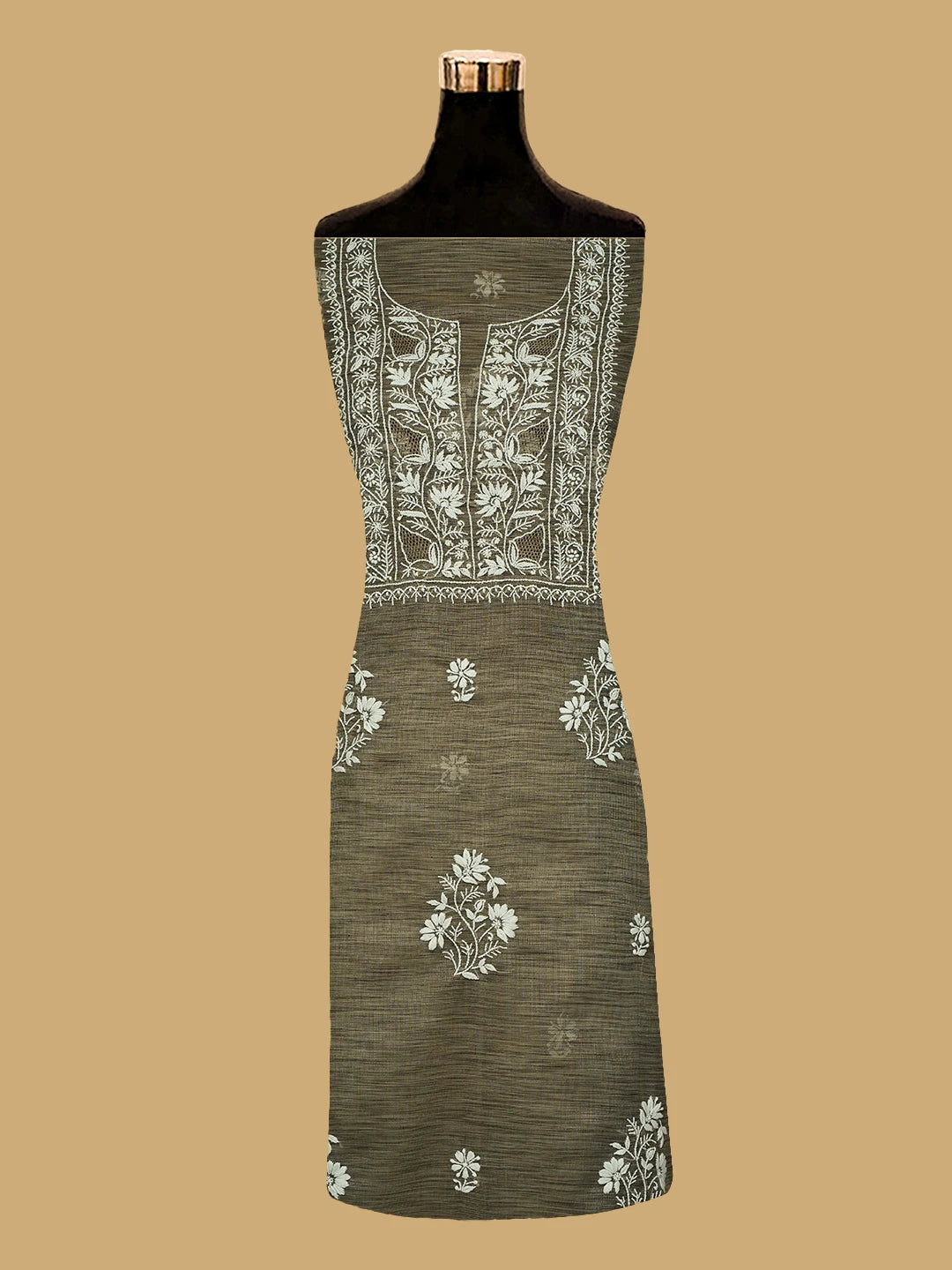 Ada Hand Embroidered Taupe Brown Tissue Lucknowi Chikankari Unstitched Kurta Dupatta Set 01A713424