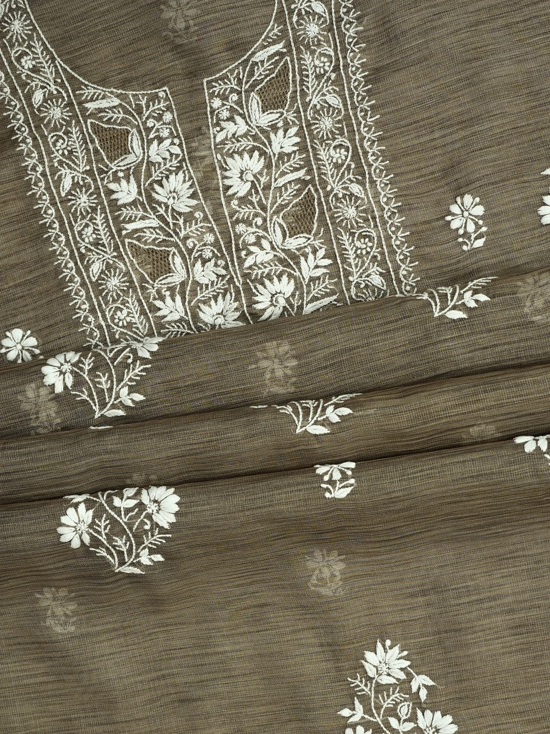 Ada Hand Embroidered Taupe Brown Tissue Lucknowi Chikankari Unstitched Kurta Dupatta Set 01A713424