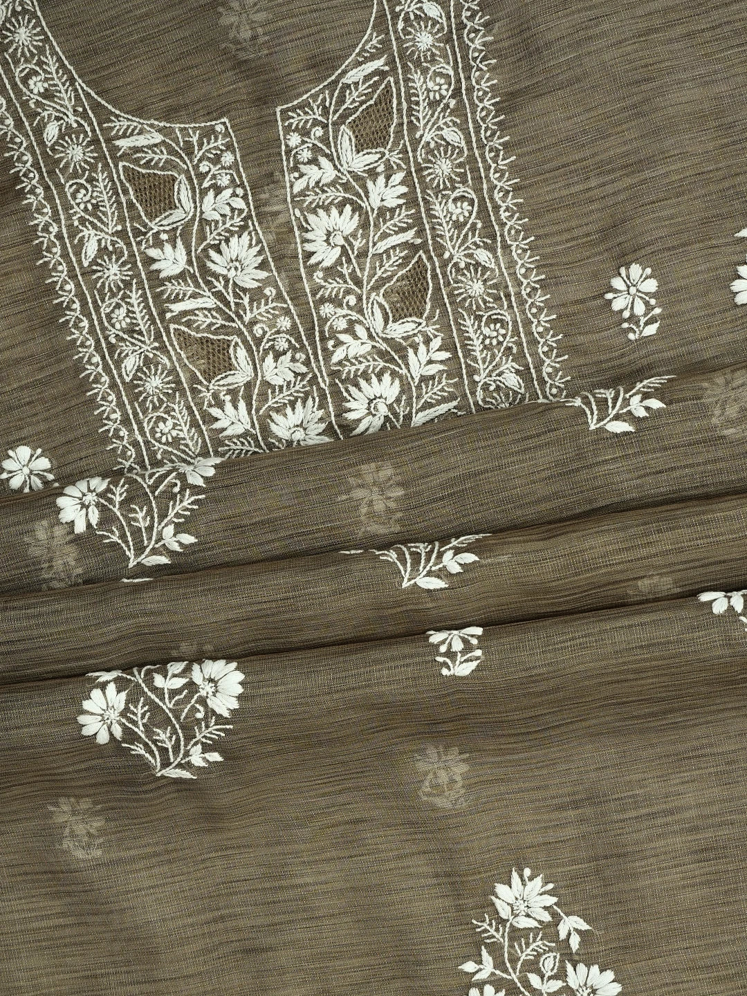 Ada Hand Embroidered Taupe Brown Tissue Lucknowi Chikankari Unstitched Kurta Dupatta Set 01A713424