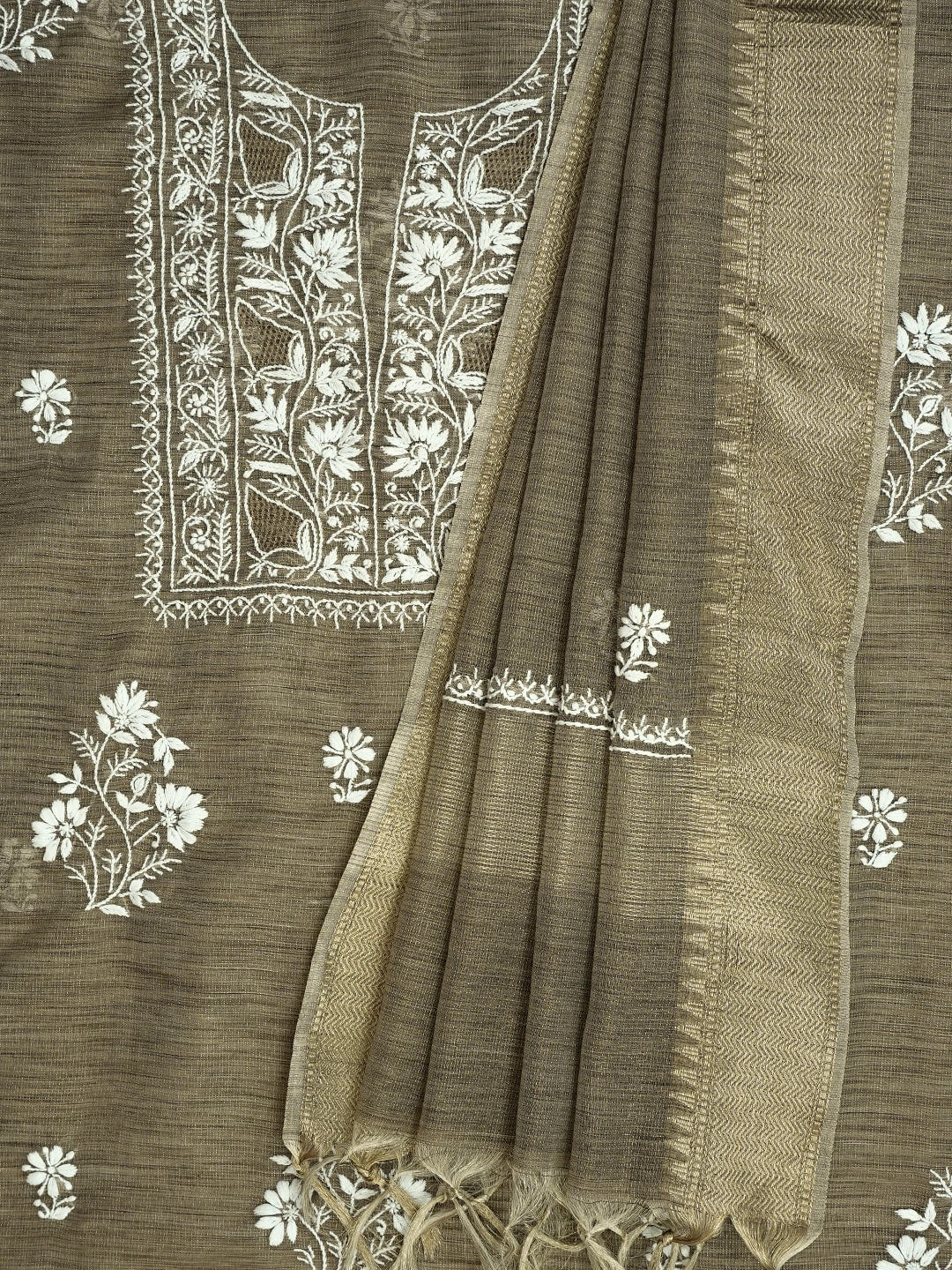 Ada Hand Embroidered Taupe Brown Tissue Lucknowi Chikankari Unstitched Kurta Dupatta Set 01A713424