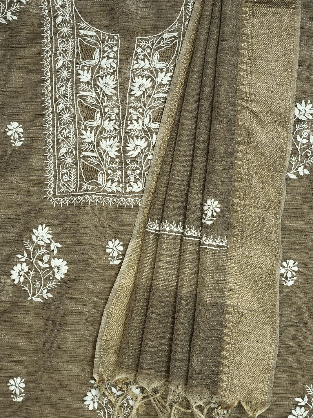 Ada Hand Embroidered Taupe Brown Tissue Lucknowi Chikankari Unstitched Kurta Dupatta Set 01A713424
