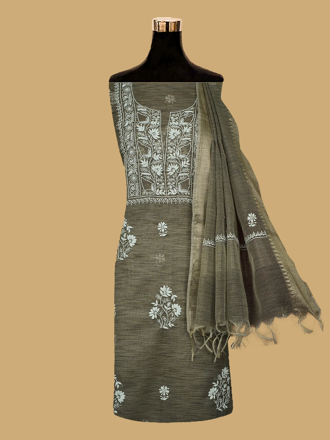 Ada Hand Embroidered Taupe Brown Tissue Lucknowi Chikankari Unstitched Kurta Dupatta Set 01A713424