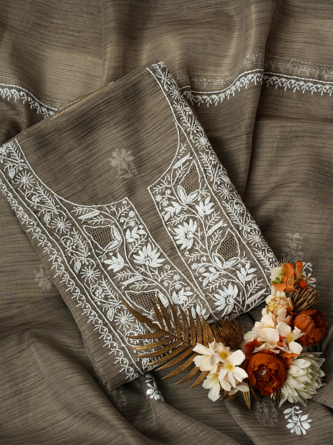 Ada Hand Embroidered Taupe Brown Tissue Lucknowi Chikankari Unstitched Kurta Dupatta Set 01A713424
